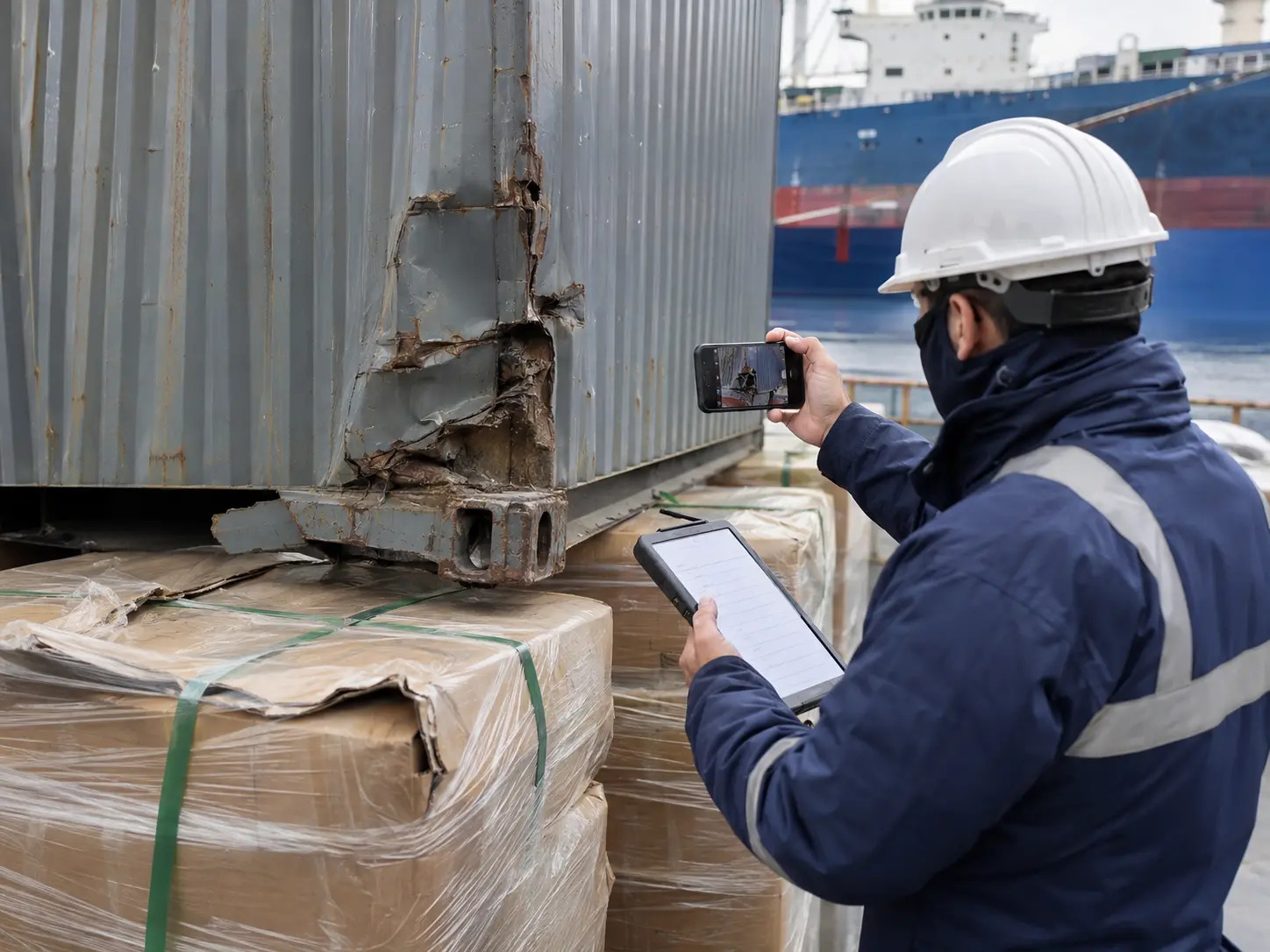 Marine surveyor documenting damage to a shipping container and packaged cargo.