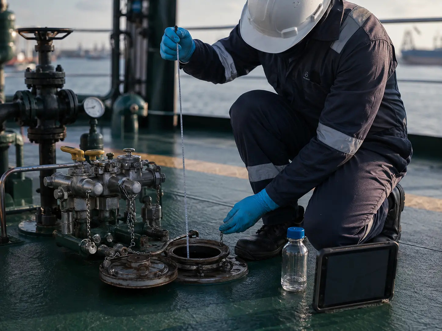 Surveyor conducting a bunker quantity measurement on a commercial vessel deck.