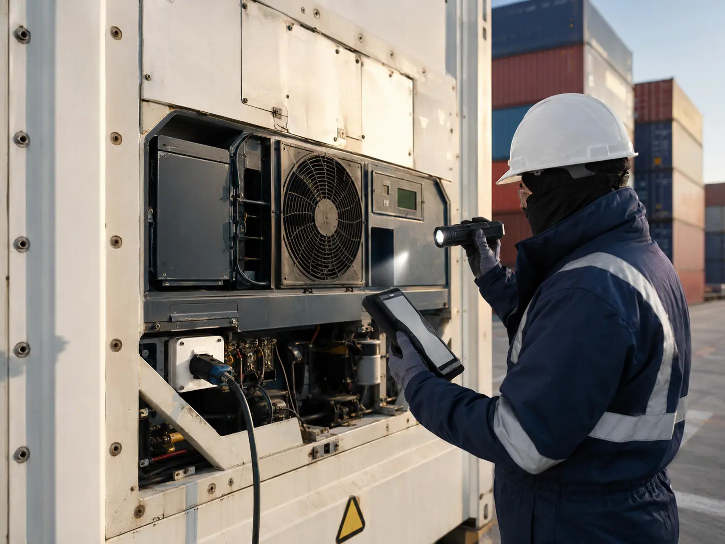 Surveyor inspecting the machinery of a refrigerated shipping container.