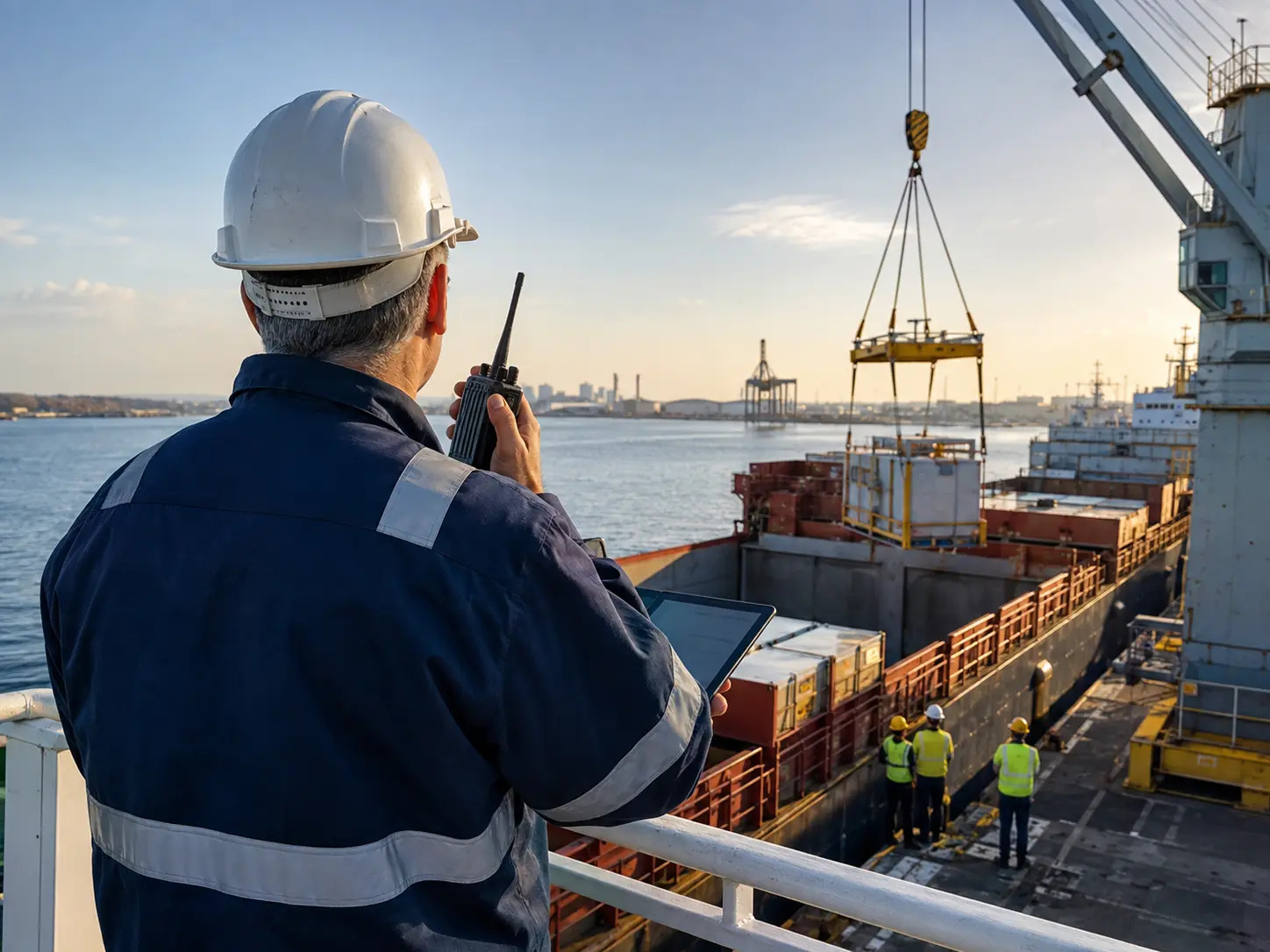 Senior marine professional overseeing a controlled cargo lifting operation.