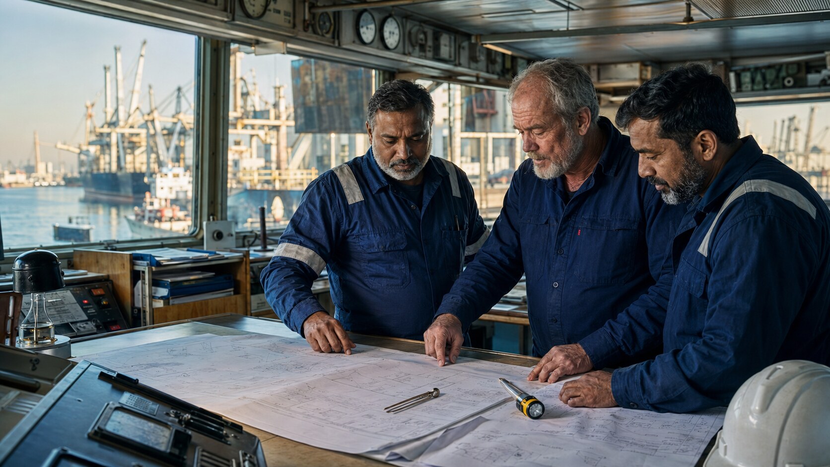 Senior maritime team reviewing an inspection plan in a vessel operations environment.